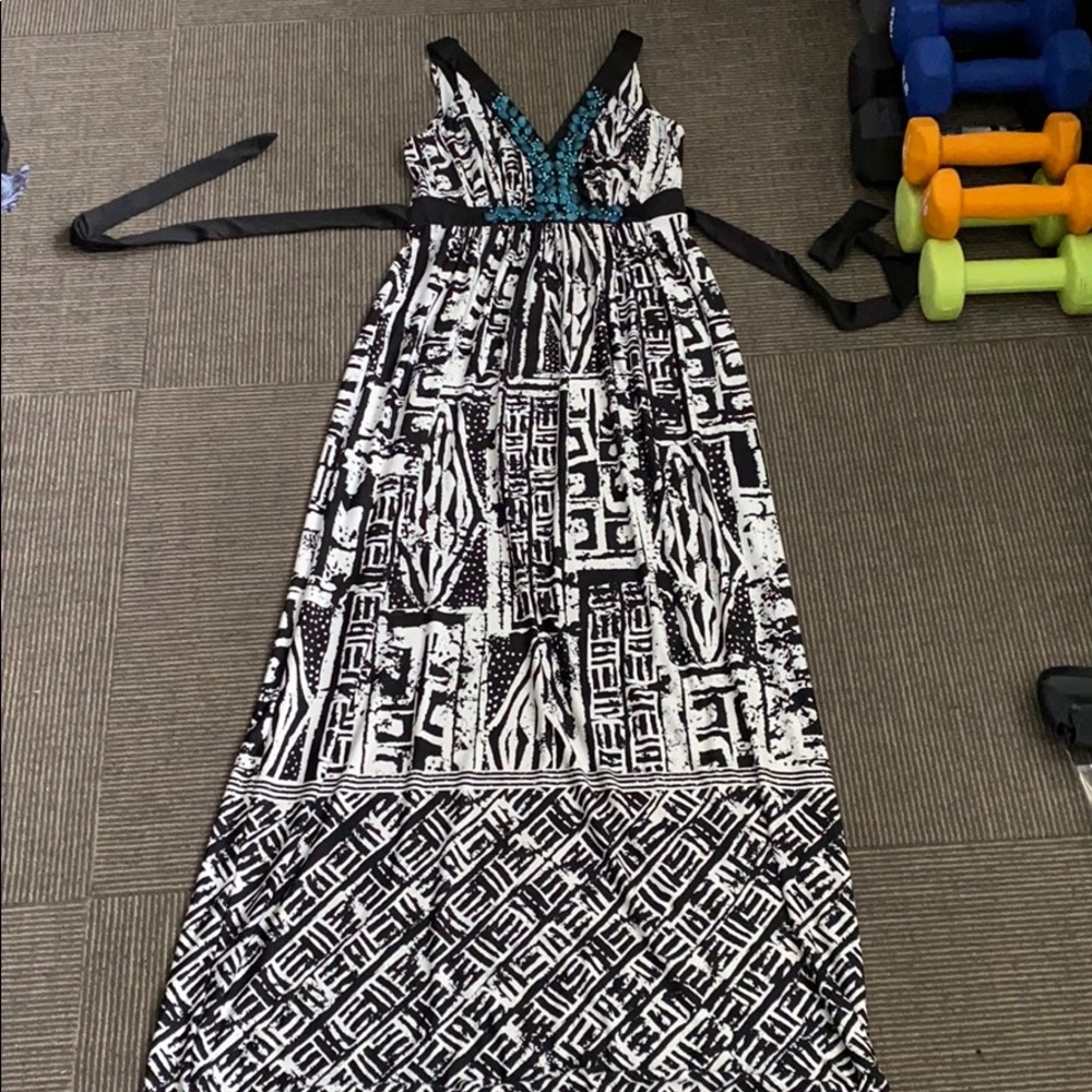 Black and white maxi dress with blue jewels